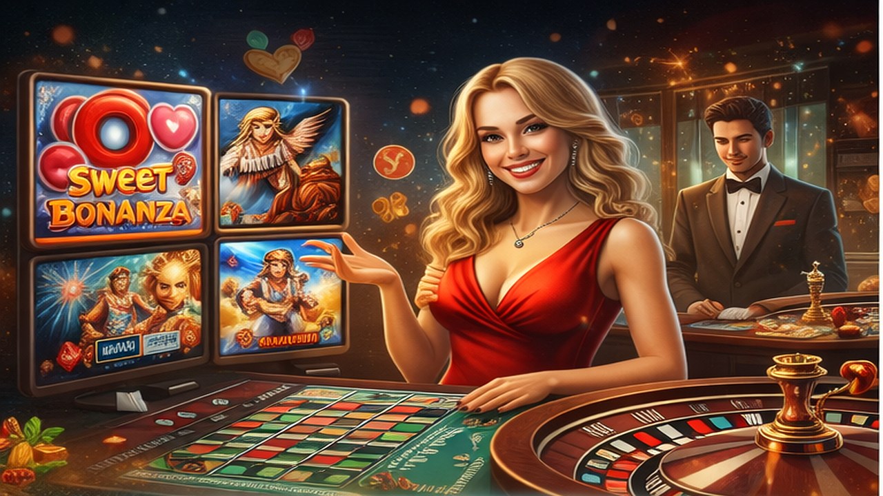 Pin Up casino üçün Azərbaycanda canlı oyunlar və slot kataloqunu göstərən horizontal şəkil, rulet masası, canlı diler və oyun ekranları ilə